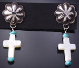 Silver & Mother of Pearl w/ Turquoise Navajo Cross Earrings Ravis Henry 6D20G