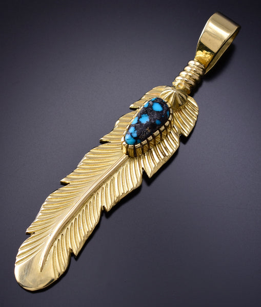 18k Gold & Lander Blue Turquoise Navajo Eagle Feather Pendant Erick Begay 6C02R