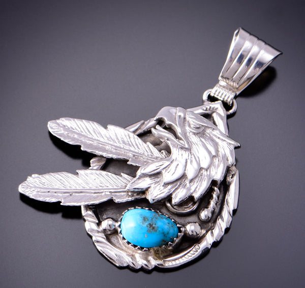Silver & Turquoise Navajo Eagle & Feathers Pendant by Genevieve Francisco 3F05G