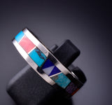 Size 10-1/4 Silver & Turquoise Multistone Navajo Inlay Men's Band Ring by TSF 3L07R