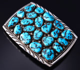Vintage Silver & Turquoise Navajo Cluster Buckle by Archie Martinez 6A03V