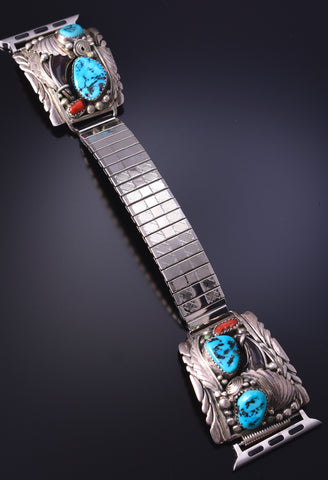 Vintage Silver & Turquoise Coral with Bear Claw Navajo mens Watchband by ES 4L07Y