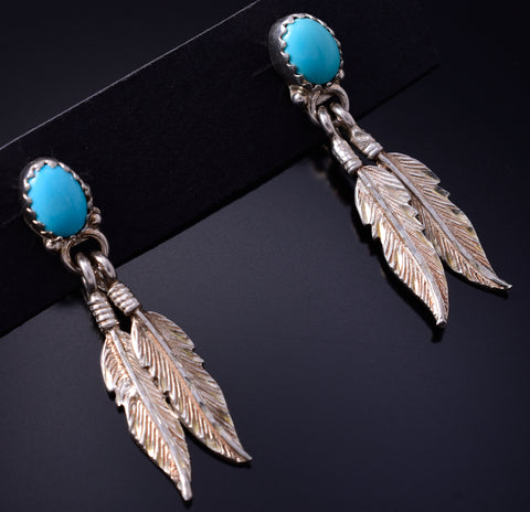 Silver & Turquoise Eagle Feathers Navajo Post Dangle Earrings 5F10W