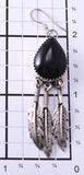 Silver and Onyx Navajo Teardrop Earrings with 3 Feathers -6K02D