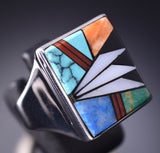 Vintage Size 10-3/4 Silver & Turquoise Multistone Navajo Inlay Men's Ring 6E14K