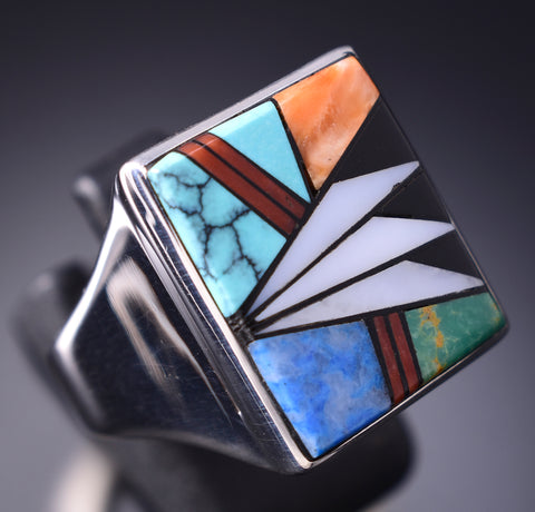 Vintage Size 10-3/4 Silver & Turquoise Multistone Navajo Inlay Men's Ring 6E14K