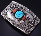 Vintage Silver & Turquoise w/ Coral Navajo Feathers Buckle - Justin Morris 5H21Q