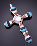 Silver & Turquoise Multistone Zuni Inlay Cross Pendant by Florencia Lucio 4E27T
