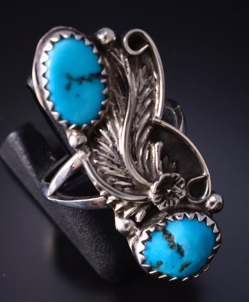 Size 5-1/4 Silver & Kingman Turquoise Feather Navajo Ring by William Begay 5L07J