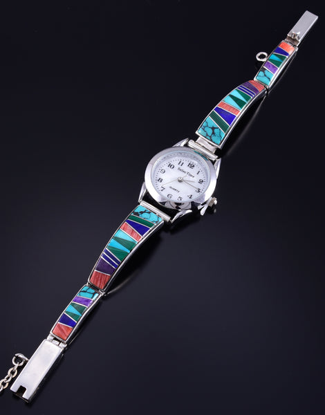 Vintage Silver Multistone Navajo Inlay Watchband w/ Watch by Earl Plummer 5L17C