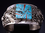 Silver & Turquoise w/ Coral Accents Navajo Inlay Bracelet by Mark Yazzie 5J18X