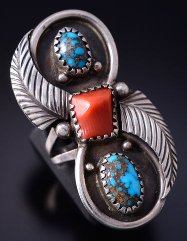 Vintage Size 6 Silver & Turquoise Coral Feathers Navajo Ring by DG 5E06Y