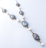 Silver & Golden Hills Turquoise & Fresh Water Pearl Navajo Lariat Necklace by Erick Begay 3H19B
