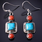 Silver & Turquoise w/ Coral Navajo Dangle Earrings by Gary Shorty 5G18F