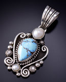 Silver & Golden Hills Turquoise Fresh Pearl Navajo Pendant by Erick Begay 6F27X