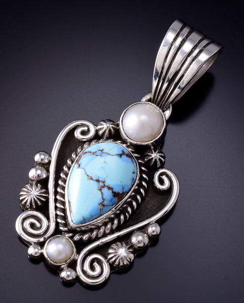 Silver & Golden Hills Turquoise Fresh Pearl Navajo Pendant by Erick Begay 6F27X