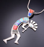 Silver & Turquoise Multistone Navajo Inlay Kokopelli Pendant by Berna Joe 3F12N