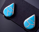 Silver & Turquoise Zuni Scallop Inlay Water Drop Earrings by Oreena Leekya 3H02D