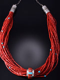 Silver & Turquoise Coral Navajo Inlay Barrel Spinner Necklace Erick Begay 6C02Z