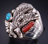 Size 11.5 Silver & Turquoise Coral Eagle Navajo Men's Ring by Grace Smith 5L05N