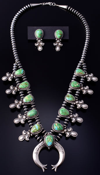 Silver & Sonoran Gold Turquoise Navajo Squash Blossom Necklace & Earrings by A. Gordon 5K22F