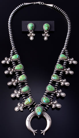 Silver & Sonoran Gold Turquoise Navajo Squash Blossom Necklace & Earrings by A. Gordon 5K22F