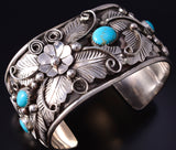 Silver & Kingman Turquoise Feathers Flowers Navajo Bracelet Jerry Thompson 5J18H