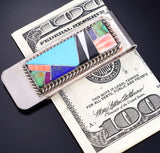 Silver & Turquoise Multistone Navajo Inlay Money Clip by Arnold Yazzie 5L25D