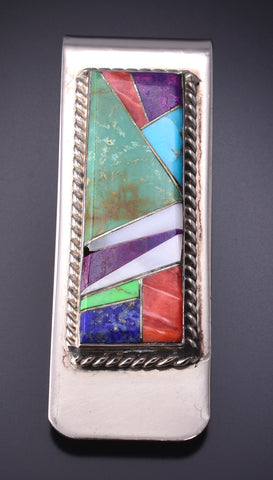 Silver & Turquoise Multistone Navajo Inlay Money Clip by Arnold Yazzie 4M16V