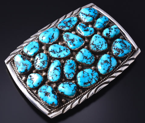 Vintage Silver & Turquoise Navajo Cluster Buckle by Archie Martinez 6A03V