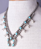 Navajo Kingman Turquoise Small Silver Squash Blossom Necklace by Leona Delgarito 5L23A