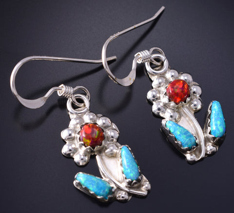 Silver & Turquoise w/ Fire Opal Zuni Flower Earrings by Marsha Quam 5G18W