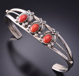 Silver & Coral Eagle Feathers Navajo Bracelet by Lee Shorty 3F10O