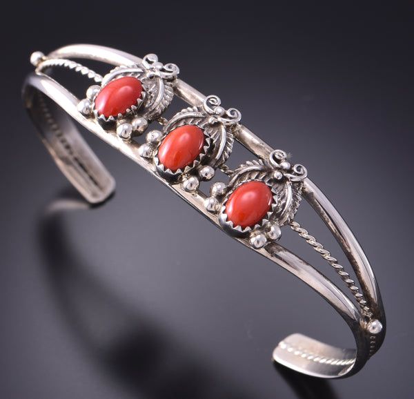 Silver & Coral Eagle Feathers Navajo Bracelet by Lee Shorty 3F10O