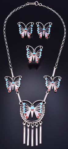 Silver Multistone Zuni Inlay Butterfly Necklace 3-Piece Set Adrian Wallace 5L25Z