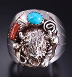 Size 11-1/4 Silver & Turquoise Coral Buffalo Navajo Men's Ring Grace Smith 5L05T