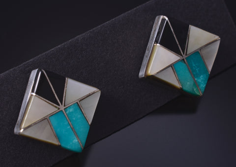 Vintage Silver & Turquoise Multistone Navajo Inlay Post Earrings 5H21L