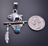 Turquoise and Silver Buffalo Spear & Eagle Feather Pendant - Navajo 8d16C