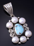 Silver & Golden Hills Turquoise Fresh Pearl Navajo Pendant by Erick Begay 5F30W