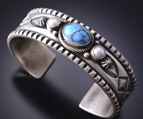 Silver & Golden Hills Turquoise w/ Fresh Water Pearl Bracelet Erick Begay 6H15Q