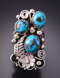 Size 8-1/2 Silver & Turquoise Eagle Feather Navajo Ring by Samantha Livingston 3F22N