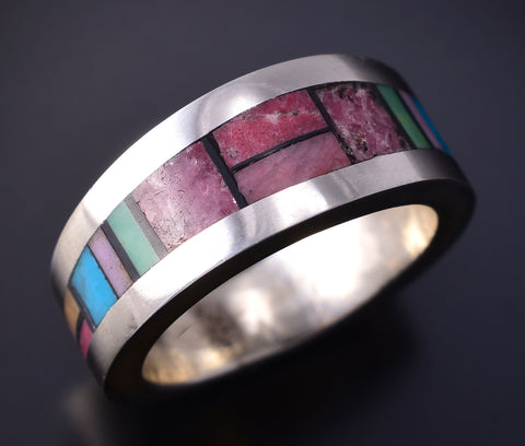 Size 6 Silver & Turquoise Multistone Navajo Inlay Ring by Jimmy Harrison 5H02V