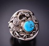 Size 9-3/4 Silver & Turquoise Wolf Mens Ring by Jeanette Saunders 3G05R