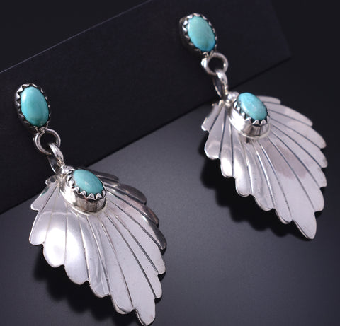 Silver & Turquoise Navajo Handmade Feather Earrings by Genevieve Francisco 5G18P