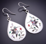 Silver & Coral Multistone Navajo Inlay Hummingbirds Earrings by Raymond Boyd 3F12K