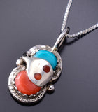 Silver & Turquoise w/ Coral Snake Eyes Zuni Pendant by Effie Calavaza 6G29G