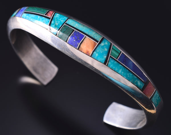 Vintage Silver Multistone Navajo Inlay Bracelet by Phillip Sanchez 5E06J