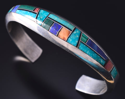 Vintage Silver Multistone Navajo Inlay Bracelet by Phillip Sanchez 5E06J