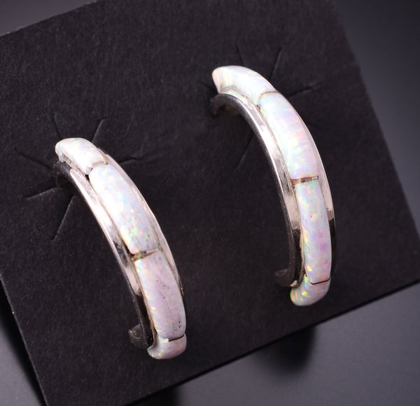 Silver & Opal Zuni Inlay Half Hoop Earrings by Margaret Chuyate 3G03H