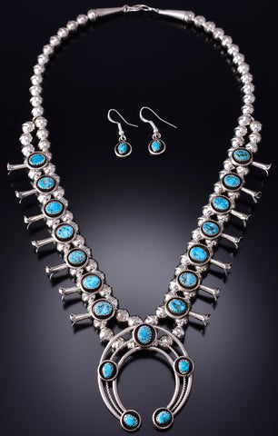 Silver & Kingman Turquoise Navajo Squash Blossom Necklace Set Phil Garcia 6H25M